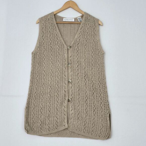 Valerie Stevens Women’s M Beige Linen Cotton Sleeveless Longline Cardigan Vest - Picture 4 of 14